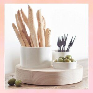 Trio Ceramic Bowls With Wood Base